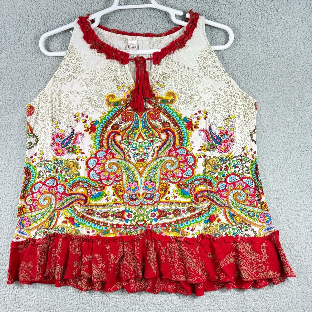 Bila Paisley Sleeveless Tank Top Boho Festival Keyhole Front Closure‎ Tassels